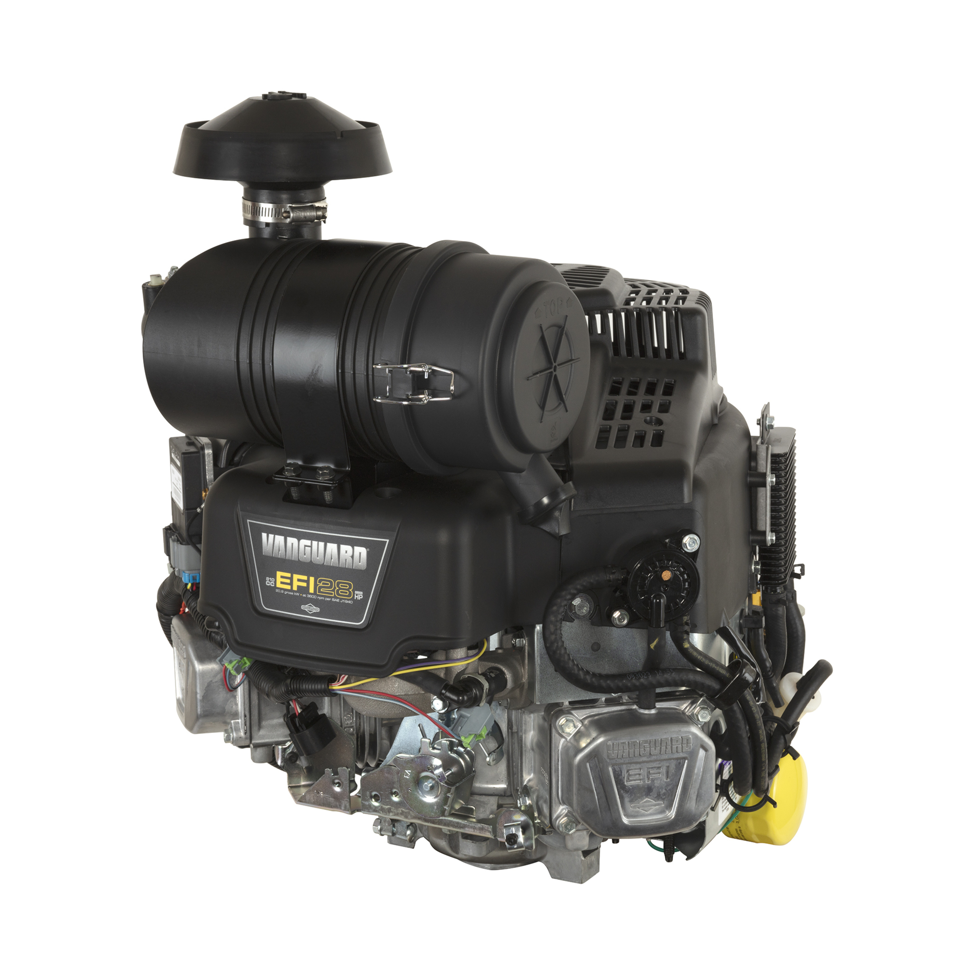 28.0 GHP Vanguard EFI Vertical Shaft Engine, 810cc, 1-1/8" x 4-19/64" Crankshaft, Tapped 7/16-20, 1/4" Keyway, 12V Electric Start, 20A Alternator, Electronic Fuel Injection, Cyclonic Filtration, Model# 49E877-0034-Z1